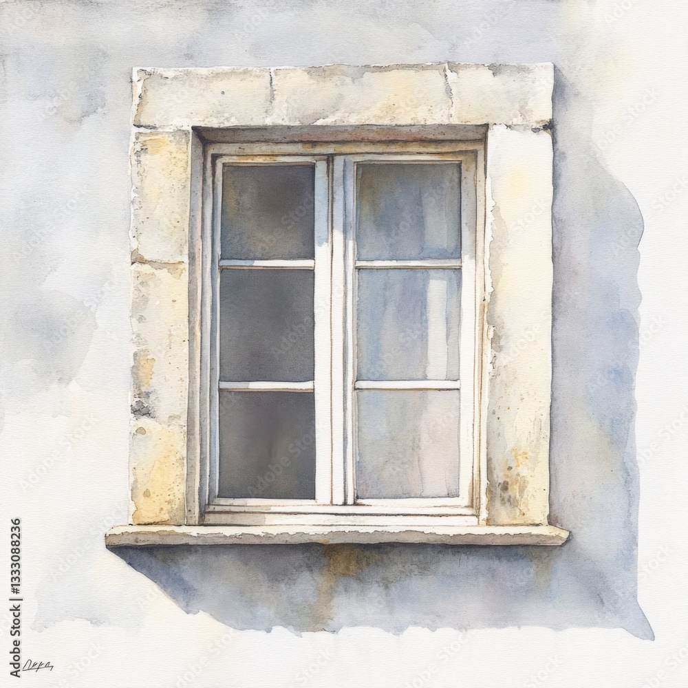 Fototapeta premium Watercolor painting of a simple, white, double-paned window in a stone frame on a light gray wall.