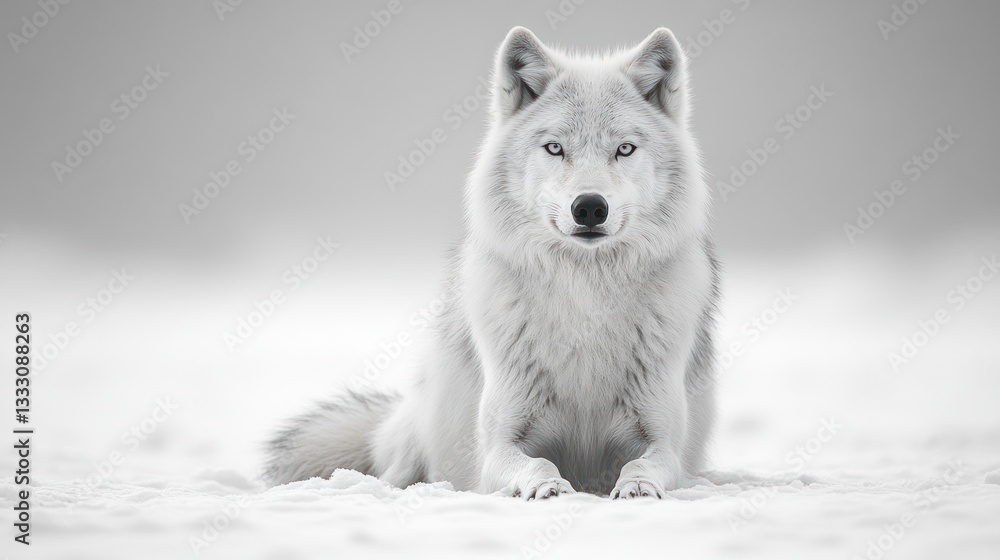 Naklejka premium White wolf lying in snow, intense stare, winter wildlife portrait