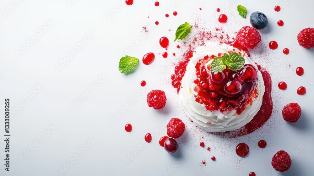 A dessert featuring berries and mint leaves on a clean white surface. A dessert featuring berries and mint leaves on a clean white surface.