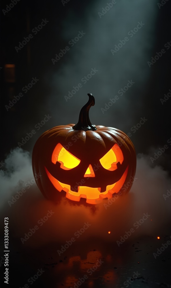 A glowing, menacing Halloween pumpkin surrounded by mist, perfect for spooky decor, event promotions, or seasonal marketing. A glowing, menacing Halloween pumpkin surrounded by mist, perfect for spooky decor, event promotions, or seasonal marketing.