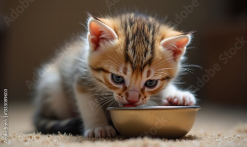 Fototapeta Naklejka Na Ścianę i Meble -  Adorable kitten enjoying its meal from a small bowl, perfect for pet care, animal products, and lifestyle branding.