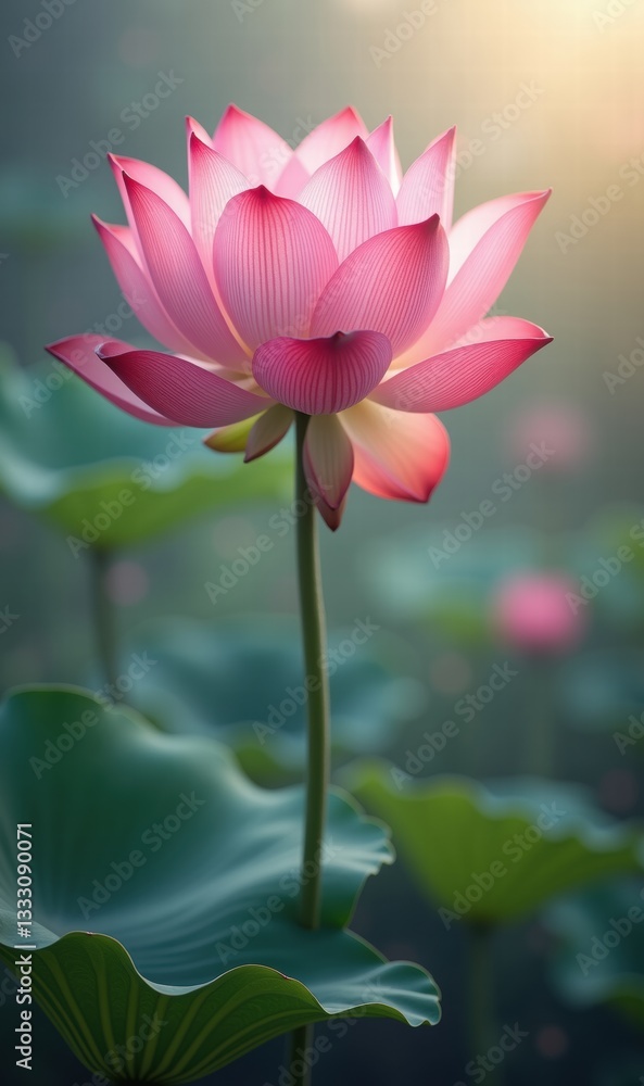 Fototapeta premium A serene pink lotus flower stands gracefully above lush green leaves, illuminated by soft sunlight, symbolizing beauty and tranquility.
