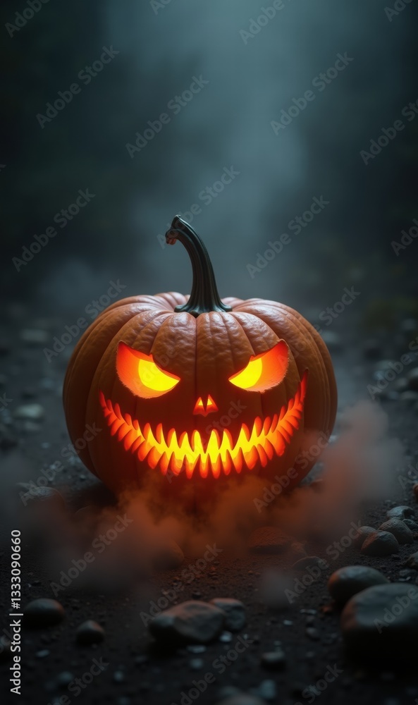 Fototapeta premium A spooky jack-o-lantern glowing in the dark, perfect for Halloween-themed projects, marketing materials, or seasonal decorations.