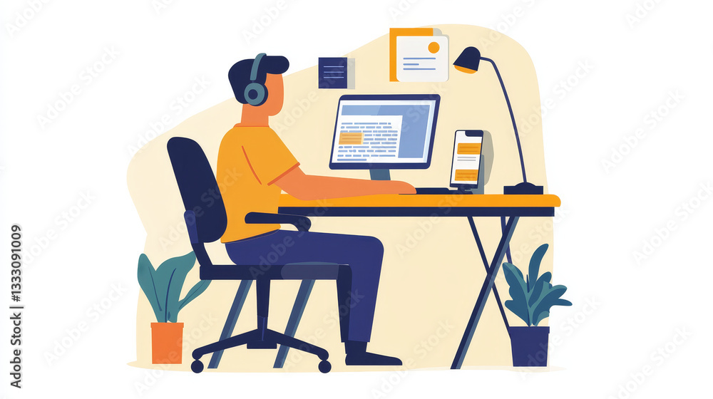 Technical support. Man contacting customer service. Assistant providing help to client online. Smartphone screen with worker in headset communicating with male character, answering questions vector Technical support. Man contacting customer service. Assistant providing help to client online. Smartphone screen with worker in headset communicating with male character, answering questions vector