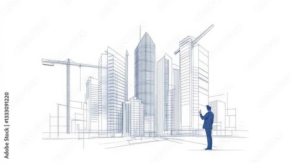 Blueprint of a modern city with a businessman observing. Blueprint of a modern city with a businessman observing.