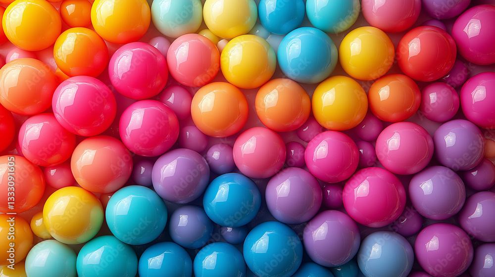 A close-up view of glossy balls in varied colors, including pink, blue, yellow, and purple, creates a lively and playful visual experience. The arrangement showcases a gradient of hues A close-up view of glossy balls in varied colors, including pink, blue, yellow, and purple, creates a lively and playful visual experience. The arrangement showcases a gradient of hues