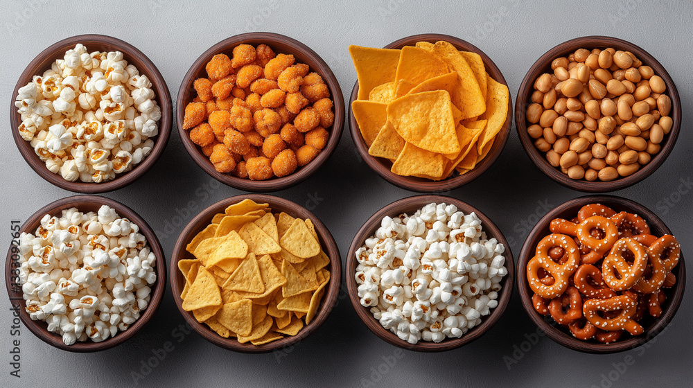 Several bowls filled with an assortment of snacks are arranged on a table for a home movie night. Choices include popcorn, cheese puffs, nacho chips, and pretzels to enjoy Several bowls filled with an assortment of snacks are arranged on a table for a home movie night. Choices include popcorn, cheese puffs, nacho chips, and pretzels to enjoy
