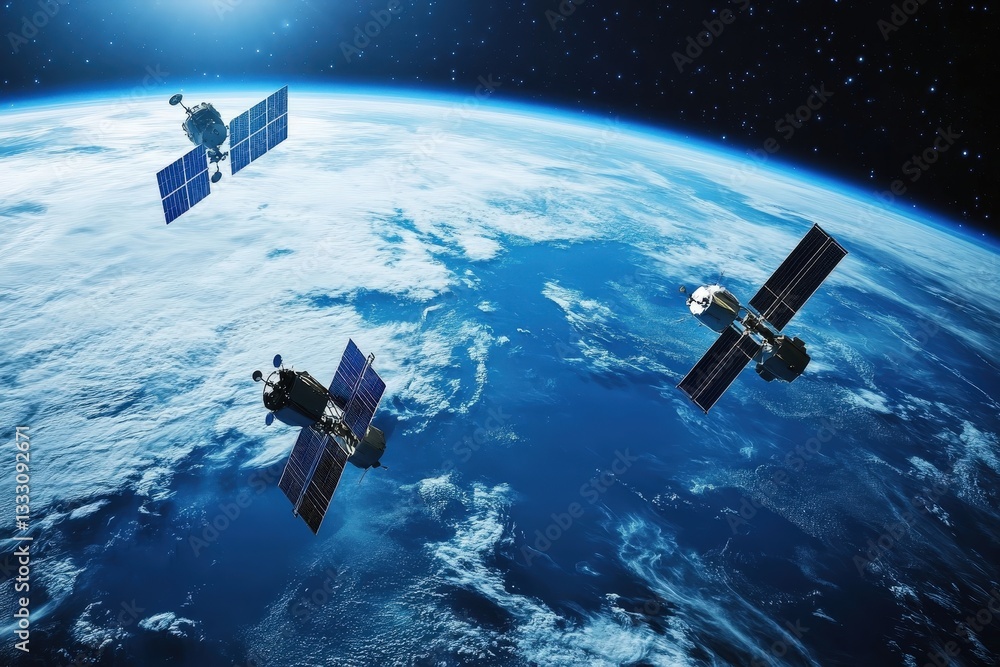Obraz premium Three satellites orbit the planet earth in space providing coverage