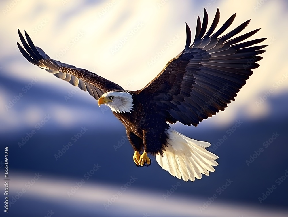 Obraz premium Bald Eagle Flying with Wings Spread Against a Cloudy Sky Background