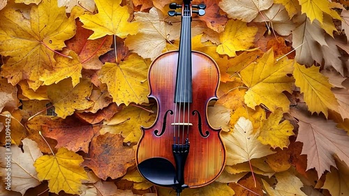 Autumn Serenade: Violin Resting on Golden Maple Leaves