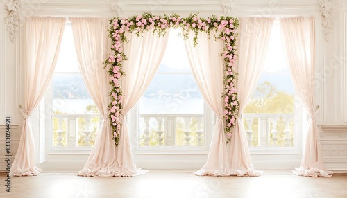 Pink Floral Arch for Elegant Window View.