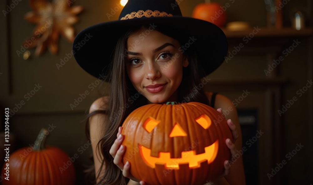 Celebrate Halloween with this charming image of a young woman in a witch hat holding a carved pumpkin, perfect for festive promotions and seasonal decor. Celebrate Halloween with this charming image of a young woman in a witch hat holding a carved pumpkin, perfect for festive promotions and seasonal decor.