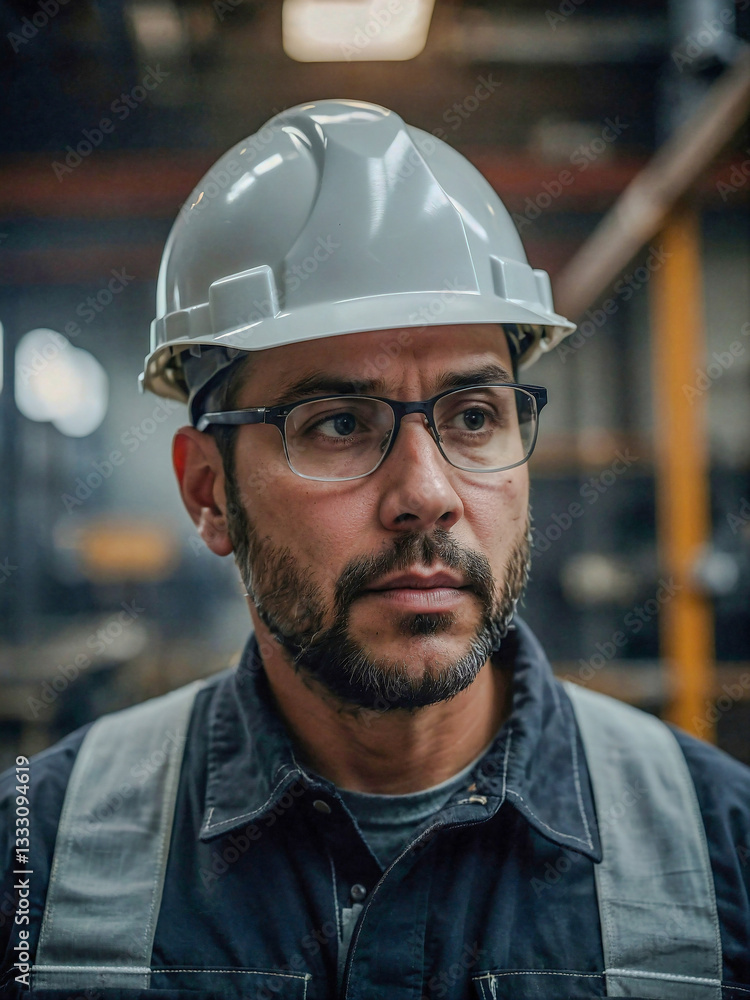 Focused worker in a safety helmet contemplates production in an industrial setting, highlighting safety and diligence in manufacturing Focused worker in a safety helmet contemplates production in an industrial setting, highlighting safety and diligence in manufacturing