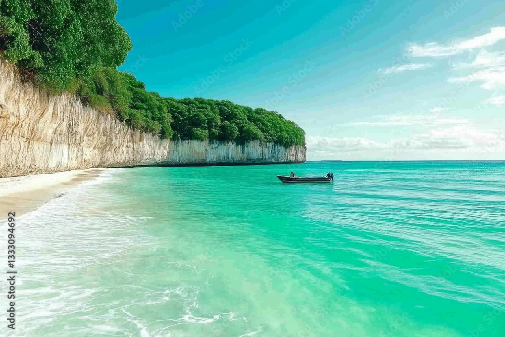 Obraz premium A scenic view of a tropical beach with a boat on the turquoise water and a cliff with trees