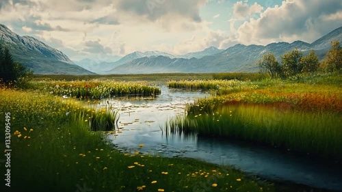 Serene Alaskan Meadow Landscape: Mountains, wildflowers, and a tranquil stream