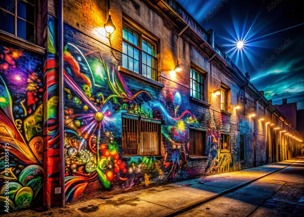 Fototapeta premium Vibrant Graffiti Mural Urban Wall Art Night Photography