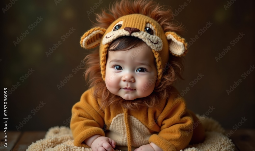 Fototapeta premium Adorable baby in a lion costume, exuding cuteness and charm. Perfect for family themes, baby products, or childrens events.