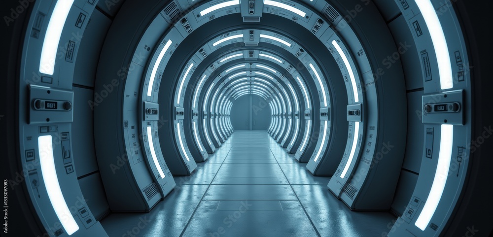 Fototapeta premium Futuristic corridor illuminated with soft blue light, ideal for science fiction themes or tech-related projects, evoking a sense of mystery and innovation.