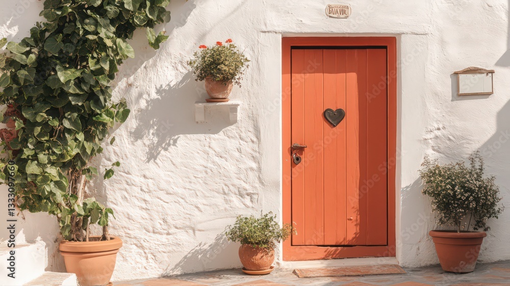 Naklejka premium Sunlit Orange Door with Heart Detail on Whitewashed Building