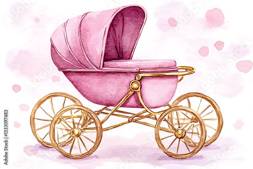 Pink Watercolor Baby Carriage for Elegant Design.