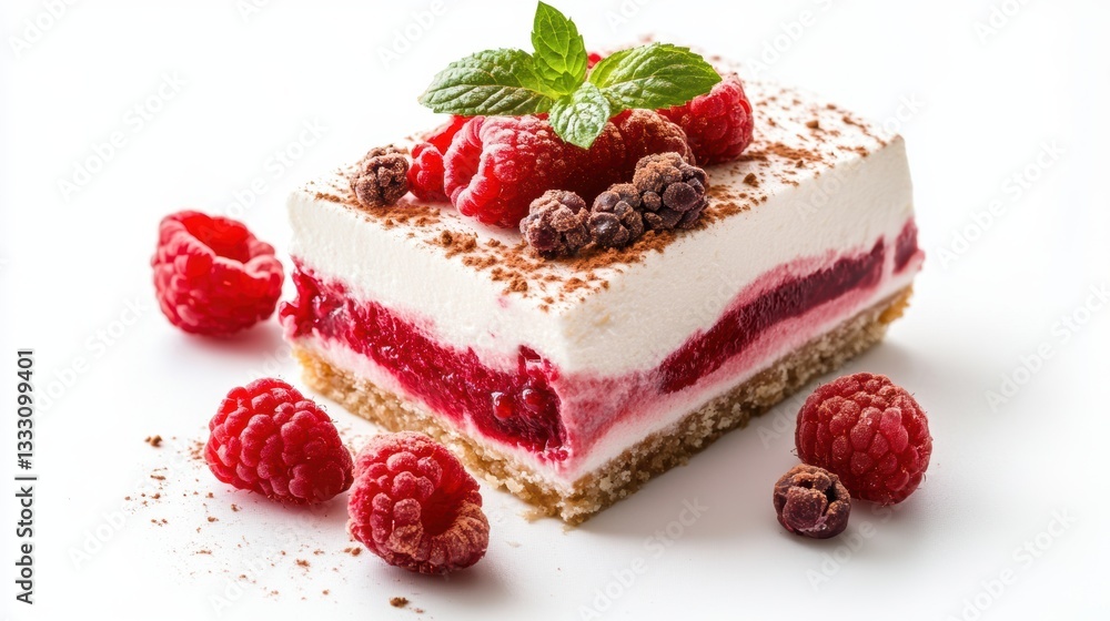 A delicious cake topped with raspberries and chocolate decorations. A delicious cake topped with raspberries and chocolate decorations.