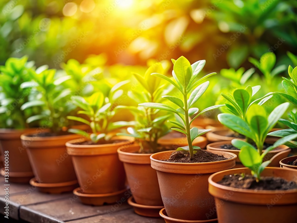 Fototapeta premium Vibrant Green Plants in Terracotta Pots, Sunlight, Soft Focus, Low Light Photography Stock Photo