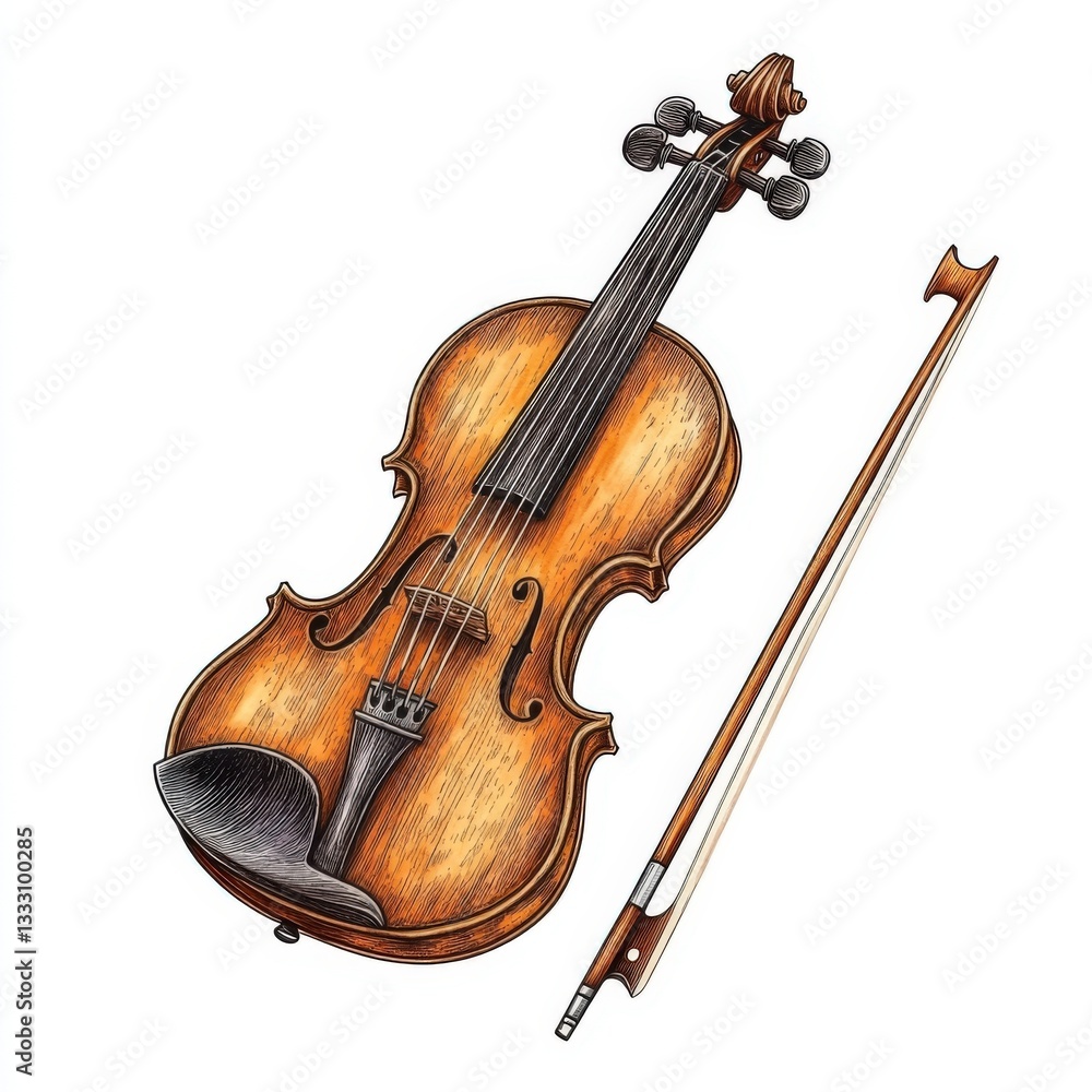 Fototapeta premium Vintage violin and bow isolated on white background.