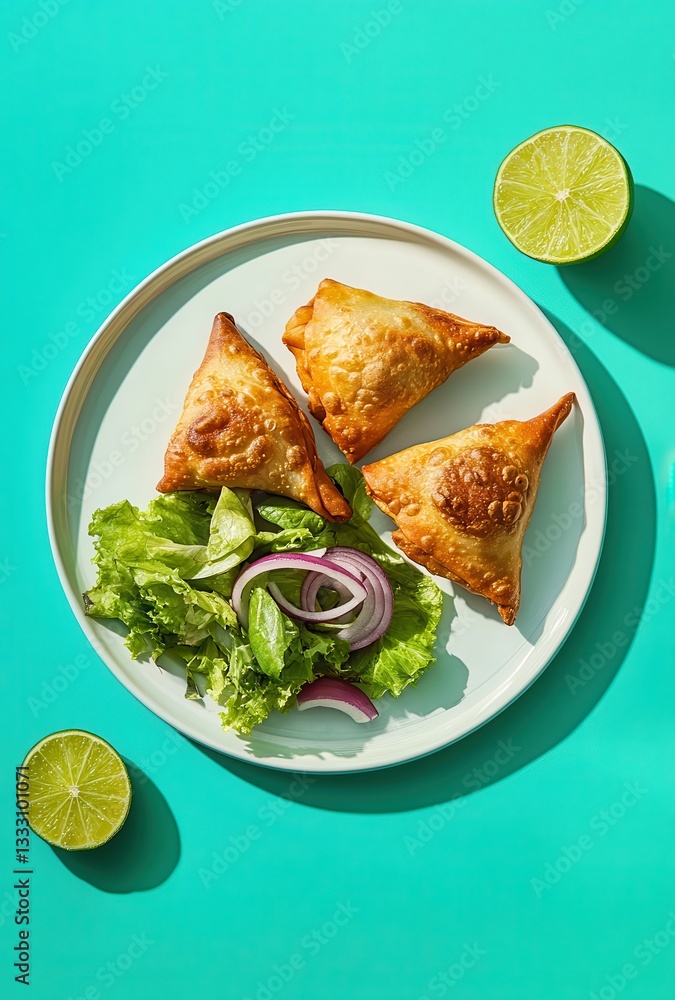 Freshly Baked Samosas on a Bright Plate with Lettuce and Red Onions Accompanied by Lime Wedges on a Turquoise Background Freshly Baked Samosas on a Bright Plate with Lettuce and Red Onions Accompanied by Lime Wedges on a Turquoise Background