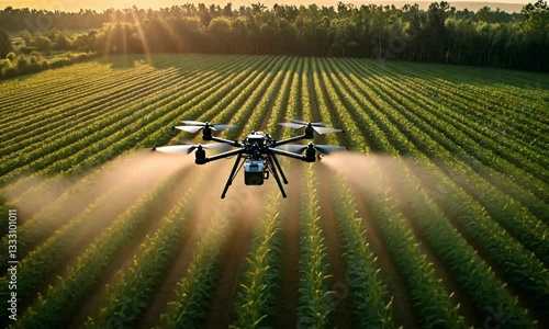 Drone Spraying Crops at Sunset: Precision Agriculture Technology