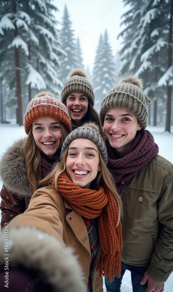 Obraz premium A cheerful group of friends enjoying a snowy day in a winter forest, capturing a joyful moment in their stylish winter attire.