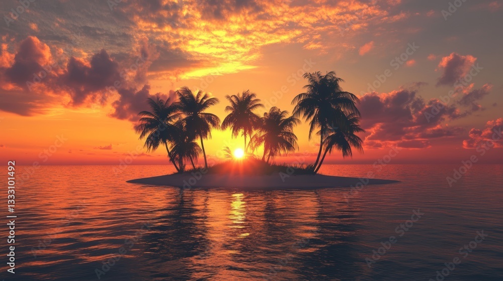 Arafed island features palm trees silhouetted against a vibrant sunset backdrop. Arafed island features palm trees silhouetted against a vibrant sunset backdrop.
