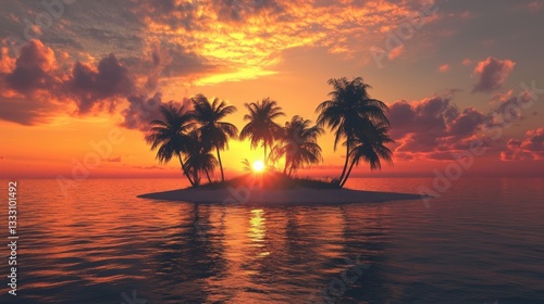 Arafed island features palm trees silhouetted against a vibrant sunset backdrop.