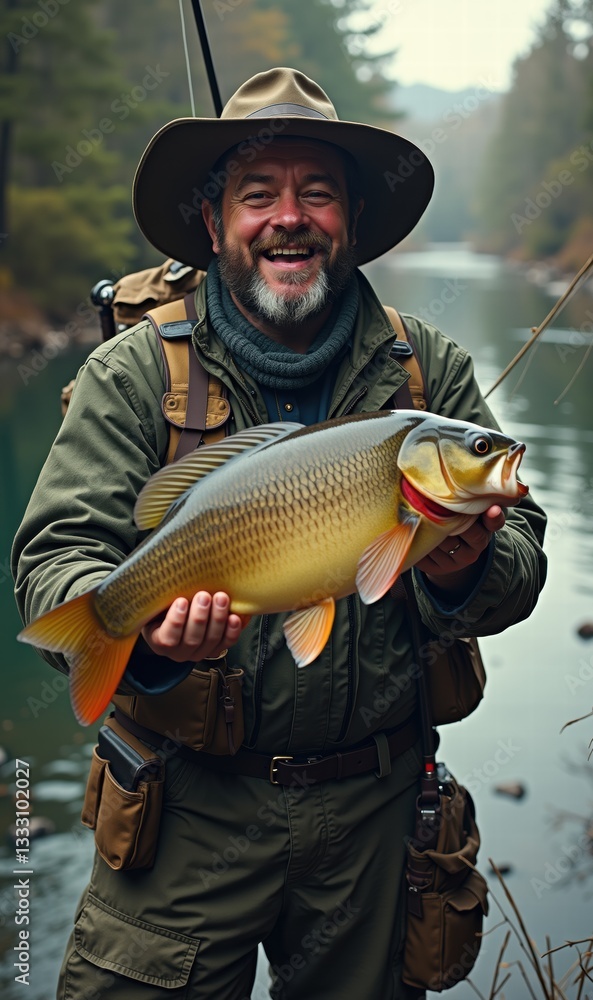 Obraz premium A cheerful fisherman proudly holds a large fish by a serene river, showcasing the joy of fishing and the beauty of nature, perfect for outdoor and recreation themes.