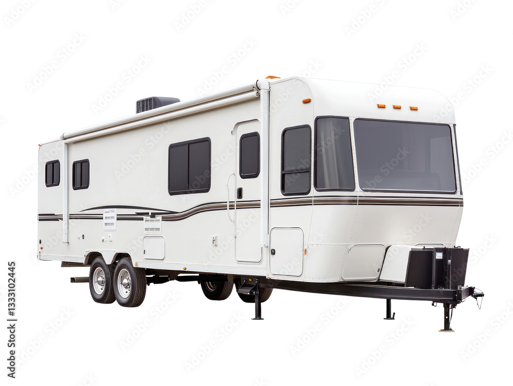 Fototapeta premium Travel trailer adventure outdoor camping sites vehicle showcase natural settings wide angle freedom exploration