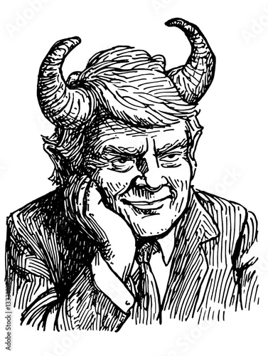 Engraved vintage illustration of a man with horns expressing a sly smile, showcasing humorous character design and craftsmanship