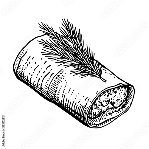 Engraved vintage illustration of a wrapped food item with herbs on top