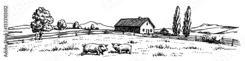 Engraved vintage illustration of a serene farm with sheep grazing near a rustic house