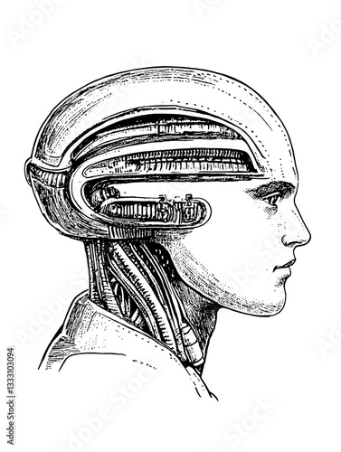 Engraved vintage illustration of a human-like figure with a detailed mechanical head design