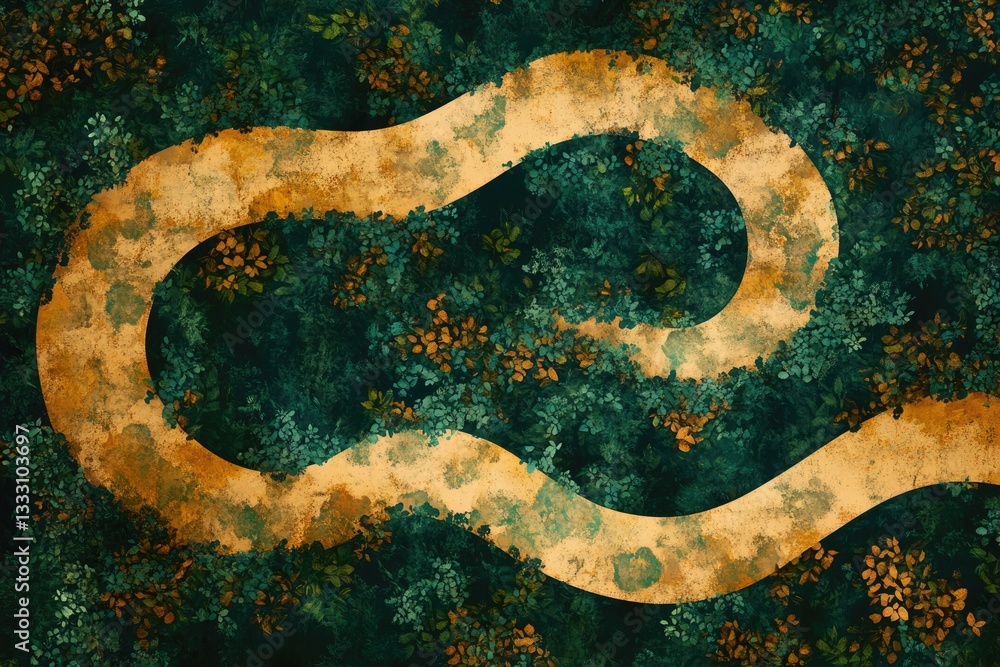 Fototapeta premium A winding, ochre path meanders through a lush, dark green forest, dotted with autumnal foliage.