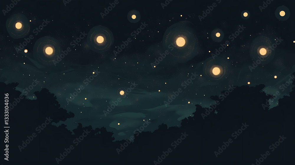 Fototapeta premium A serene night sky filled with glowing lanterns above a dark forest, creating a magical atmosphere