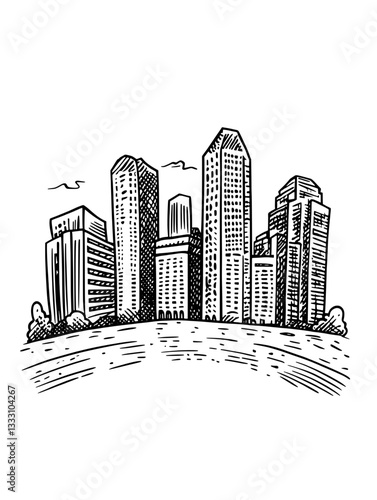 Vintage engraved illustration of a city skyline with various architectural designs and a curved foreground