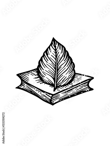 Engraved vintage illustration of a book with a leaf resting on top in a simplistic yet elegant style