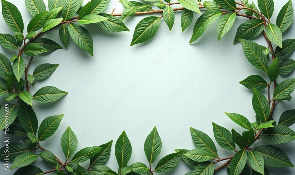 Naklejka premium A beautiful arrangement of lush green leaves framing a soft background, perfect for nature-themed designs, eco-friendly projects, or wellness branding.