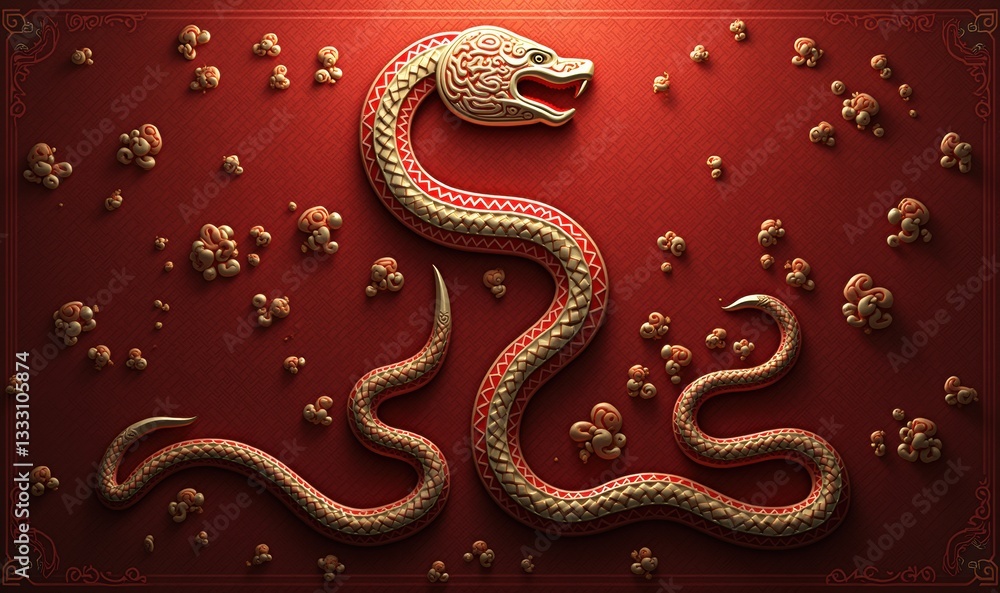 Obraz premium A striking artistic representation of a golden snake on a rich red background, evoking themes of power, protection, and ancient symbolism.