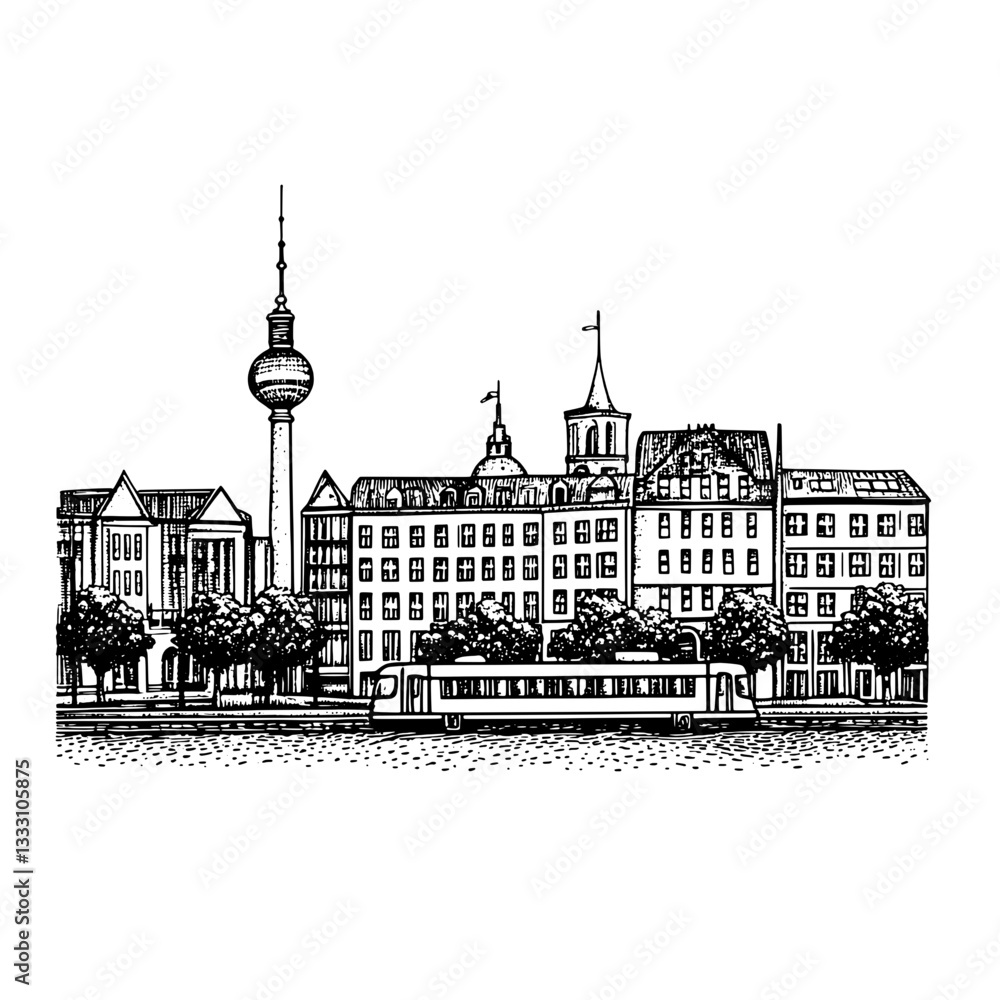 Naklejka premium Engraved vintage illustration of Berlin skyline featuring television tower and historic buildings