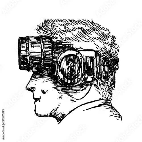 Engraved illustration of a vintage camera user with headphones engaging in photography activity from a side perspective