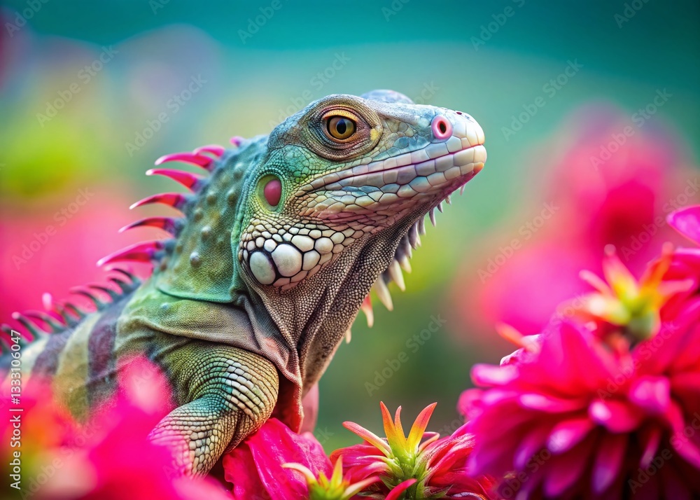 Fototapeta premium Vibrant Iguana and Pink Flowers: Minimalist Nature Photography