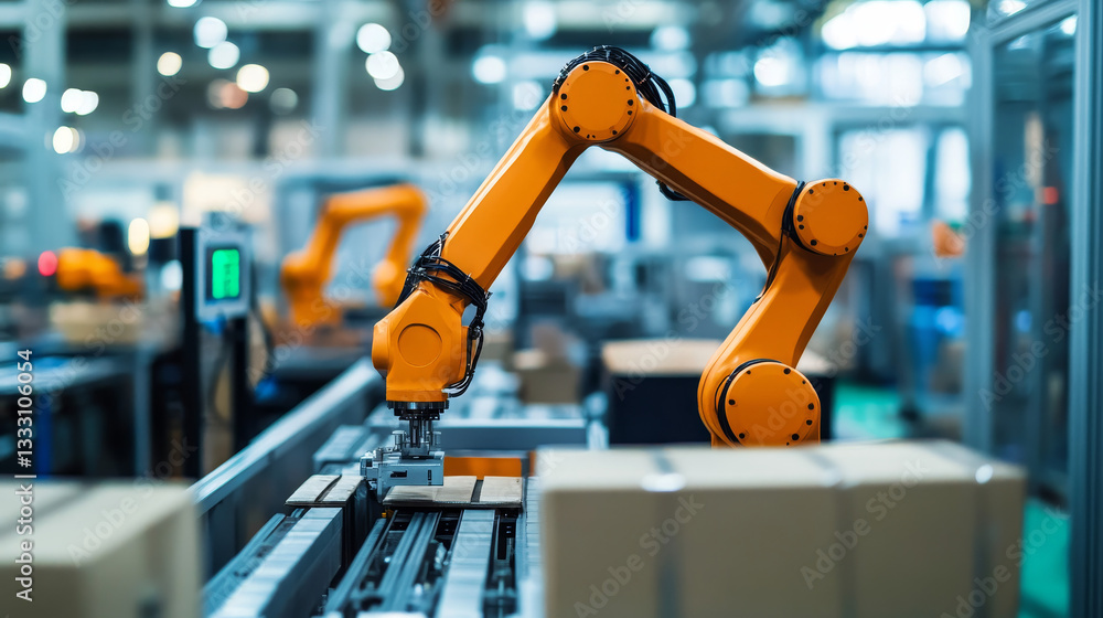 Modern robotic arm picking up object in automated factory setting, showcasing advanced technology and industrial automation Modern robotic arm picking up object in automated factory setting, showcasing advanced technology and industrial automation