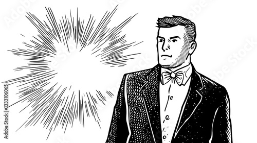 Elegant man in vintage attire standing confidently against a radiant backdrop in engraved style illustration