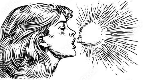 Engraved vintage illustration of a woman exhaling with a burst of energy and light emanating from her mouth